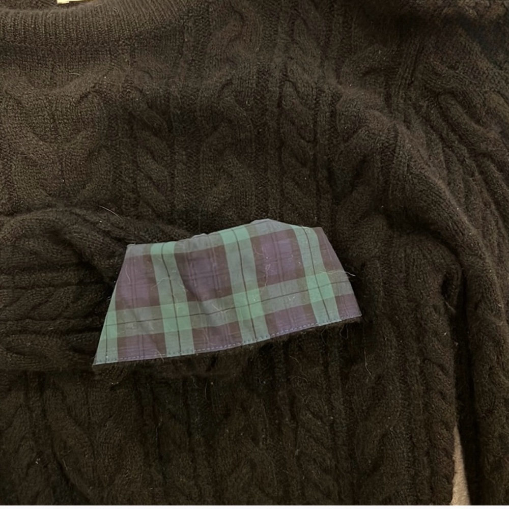 Vineyard Vines Black Cashmere Cable Sweater with Blackwatch Tartan Cuffs